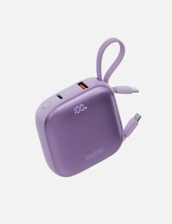 BAZIC FUSION 4-IN-1 PD20W 10,000MAH POWER BANK WITH BUILT-IN USB-C AND LIGHTNING CABLE | PURPLE